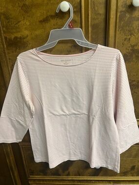 Appleseed's Pink and White Striped Boatneck Long Sleeve Top